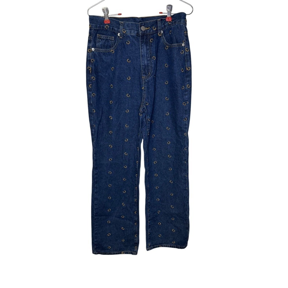 Cider Women's Jeans All Over Scatter Logo "C" Wide Leg Flare Denim Blue Medium